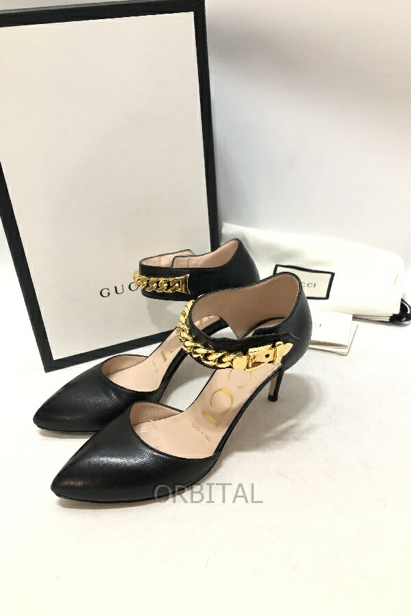 【中古】経堂) グッチ GUCCI シルヴィチェーン ヒール パンプス サイズ34.5 ブラック ゴールド 626711 アンクルストラップ 傷有