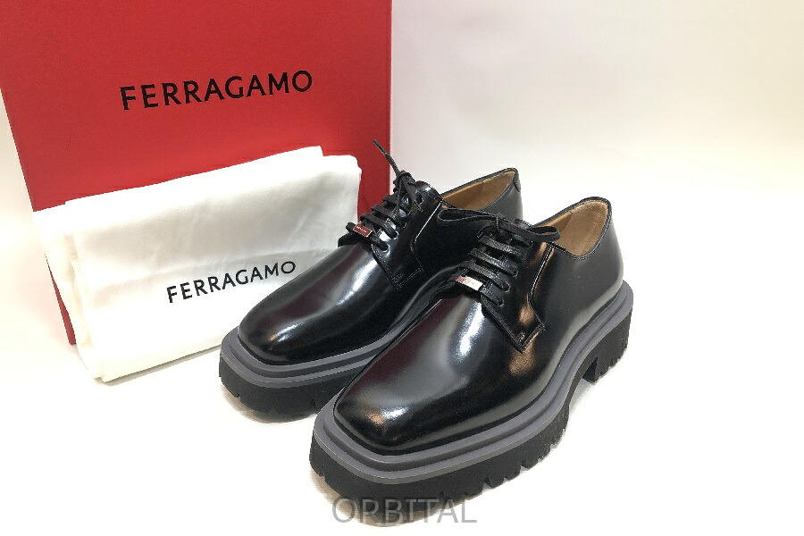 【中古】経堂) フェラガモ FERRAGAMO フリッカー FLICKER スクエアトゥ スピード競技引きあげる ダービーシューズ 大きさ6M 黒いこと 美品
