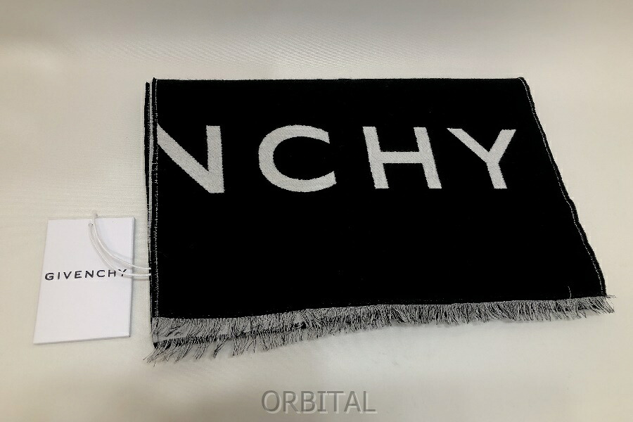【中古】経堂) ジバンシィ GIVENCHY ウールシルク混ロゴマフラー GV3518 J4180 イタリア製 薄手 ブラック