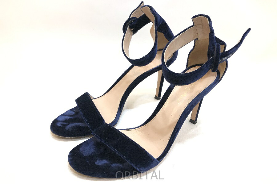 【中古】経堂) ジャンヴィトロッシ Gianvito Rossi ポルトフィーノ 85 PORTOFINO 85 アンクルストラップサンダル 天鵞絨 38.5 25糎