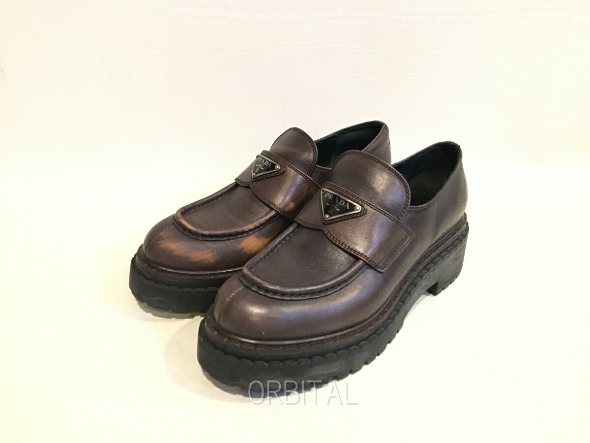 【中古】二子玉)PRADA プラダ ヴィッテロ ローファー 厚底 トライアングルロゴ ブラウン Vitello レディース 38 24.5～25cm 良品｜ベリーグッドストア