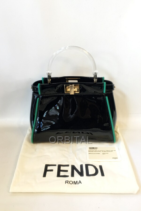 【中古】代官山)FENDI フェンディ 8BN316 ピーカブーミニ パテントバッグ トップハンドル ブラック×グリーン クリア ※ショルダー欠品|ベリーグッドストア