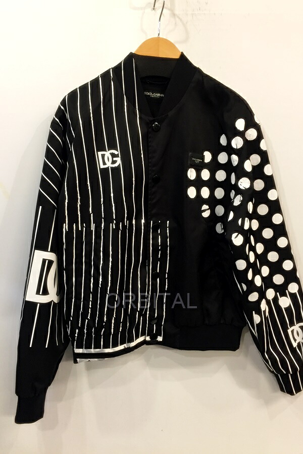 【中古】代官山)DOLCE\u0026GABBANA ドルチェ\u0026ガッバーナ Polka Dot Stripe Print Bombe 点点縞模様  ボンバージャケット 黒いこと 48