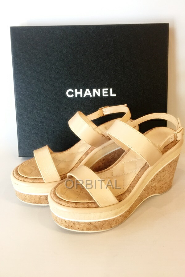 【中古】代官山)CHANEL シャネル 24S G45675 アンクルストラップ ウェッジソール サンダル ベージュ サイズ35C プラットフォーム|ベリーグッドストア
