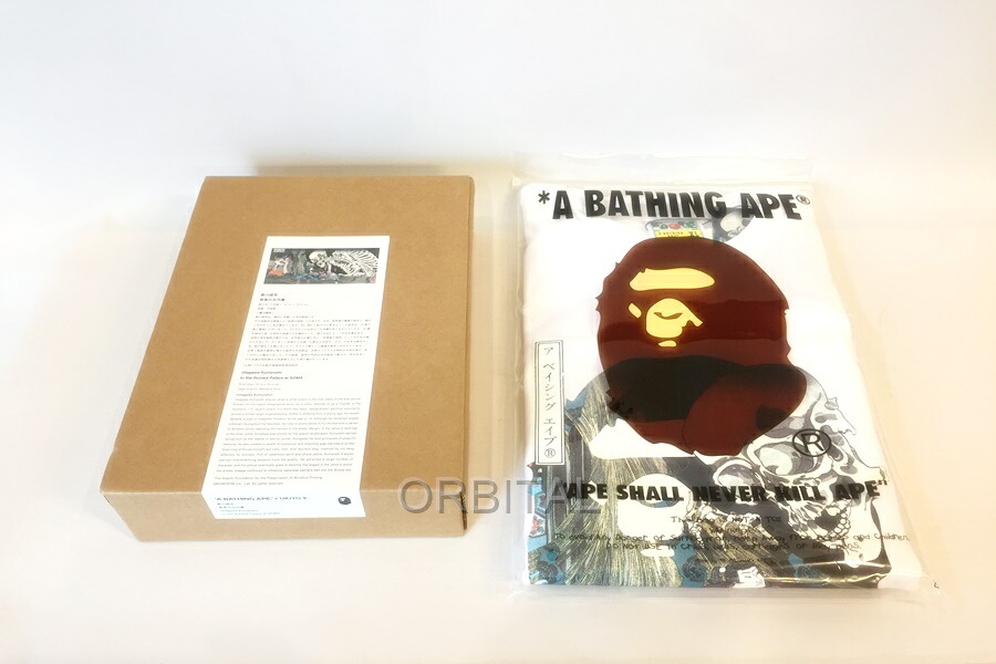 【中古】代官山)A BATHING APE x UKIYO-E エイプ 浮世絵 歌川国芳 相馬の古内裏 餓者髑髏 プルオーバー 白いこと XL 箱、引き船付き添い人
