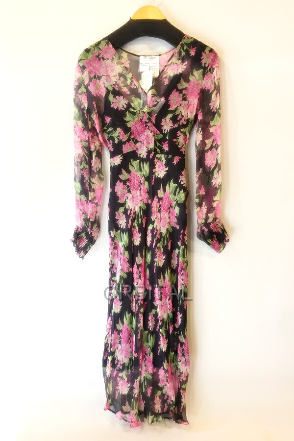 【中古】代官山)Max Mara マックスマーラ 国内置き目 地絹100 花柄 シアーワンピース サクラ色×黒いこと 大きさ42 必要経費10万位