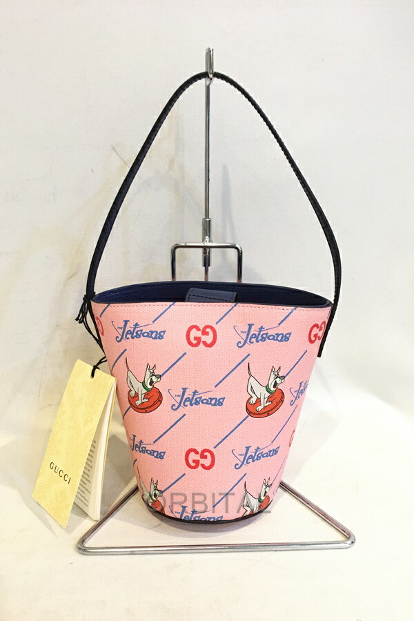 【中古】二子玉)GUCCI ×The Jetsons グッチ チルドレンズ 未使用 ジェットソンズコラボミニバケットバッグ プリント ピンク 犬 ドッグ