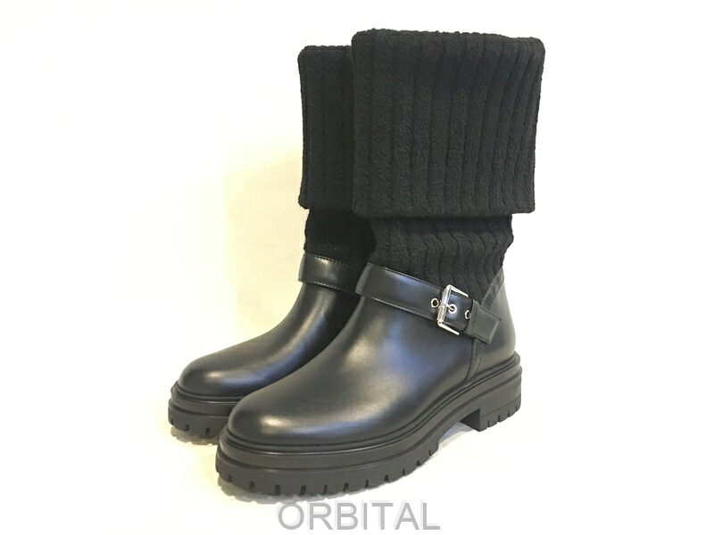 【中古】二子玉) Gianvito Rossi ジャンヴィトロッシ 未使用 THURSO BOOTS In Smooth Leather And Knit Fabri レザー×ニット ブーツ 39
