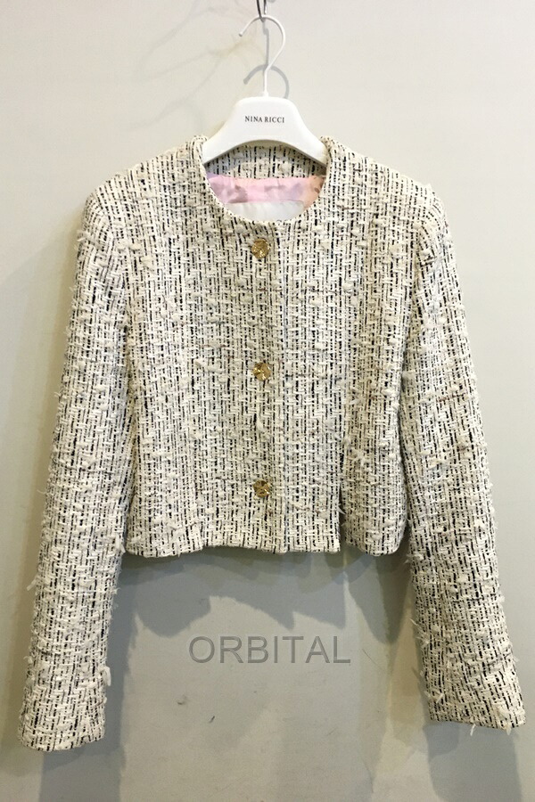 【中古】二子玉)NINA RICCI ニナリッチ 24SS エンボスボタンツイードジャケット ノーカラー 定価198,000円 レディース 36 ※薄汚れ
