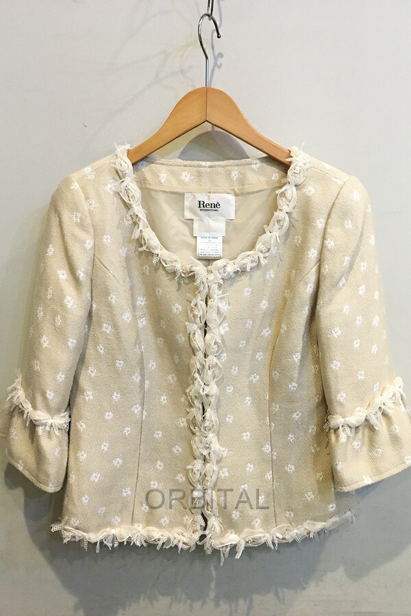 【中古】二子玉) Rene ルネ ノーカラー レースコンビ フラワーツイードジャケット レディース 38 ベージュ 6813661 花柄 ※ホック塗装剥げ｜ベリーグッドストア