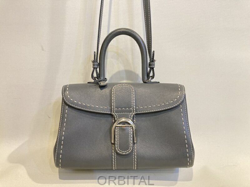【中古】二子玉) DELVAUX デルヴォー ブリヨン イーストウエスト カーフレザー ミニ 2way ハンドバッグ グレー 正規 ※角スレ、ラメ付着
