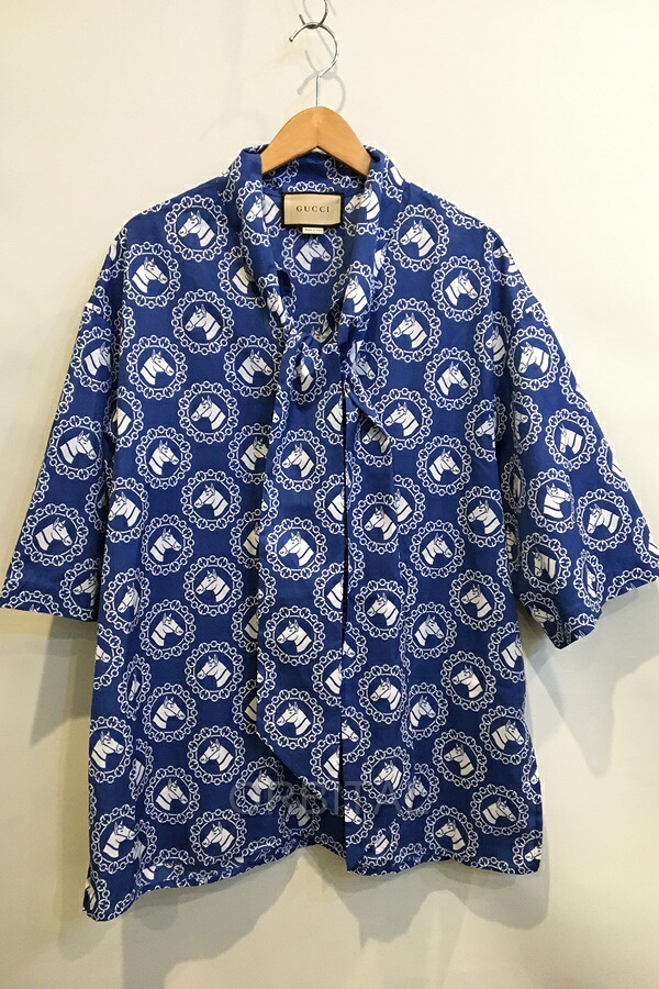 【中古】二子玉) GUCCI グッチ 未使用 コットンモスリンホースプリントシャツ 748392 オーバーサイズ 馬柄 ボウタイ 国内正規 42