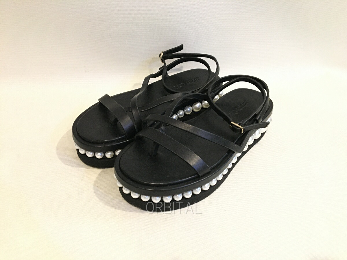 【中古】二子玉) ジミーチュウ JIMMY CHOO PINE FLAT パールストラップサンダル 定価97,900円 厚底 ブラック 黒 レディース 35 22.5cm