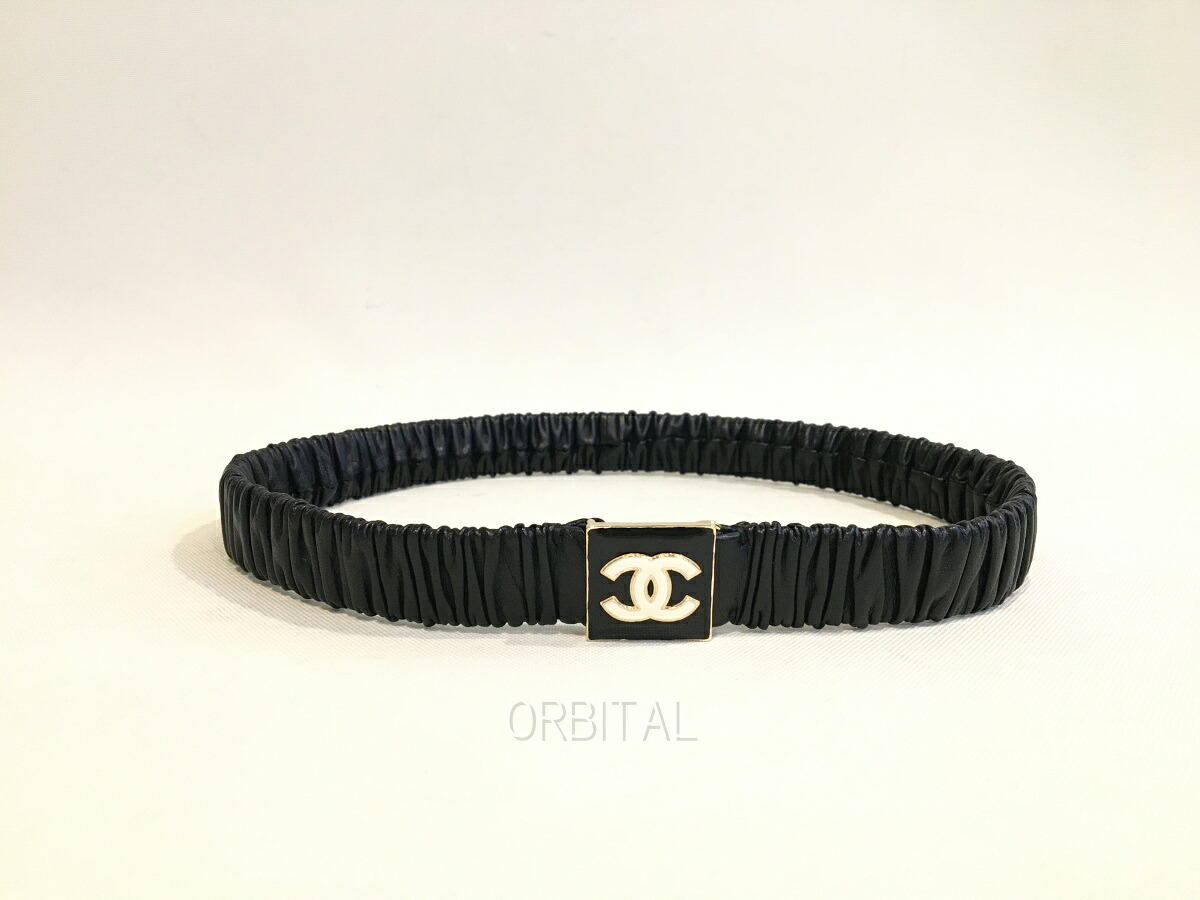 【中古】双生子玉) CHANEL シャネル ココマーク 子ヒツジなめし革 ギャザー三尺帯 天然ゴム三尺帯 70/28 黒いこと レディース B22A 箱付 極美品