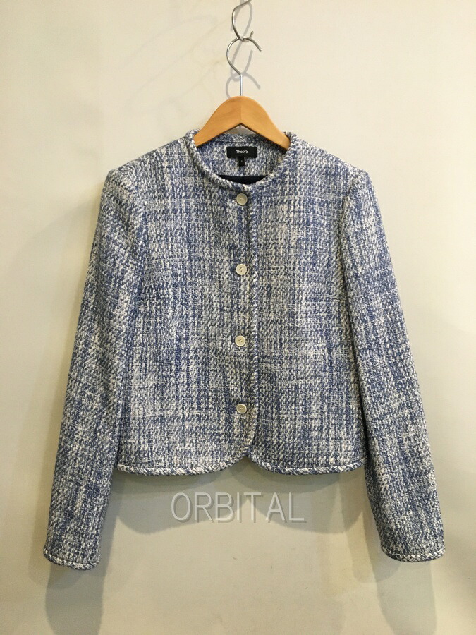 【中古】双生児玉) Theory 行動論理 WOVEN TWEED CN CLEAN JKT コットンツイードジャケット 通貨価値55,000円 青碧 青 レディース 2
