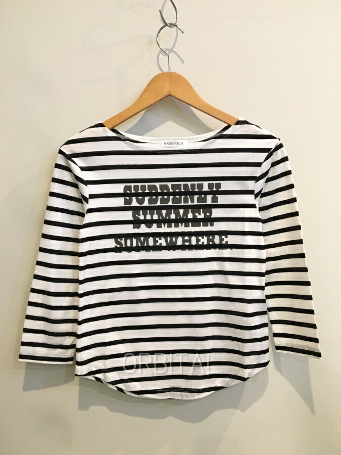 【中古】二子玉) MADISONBLUE マディソンブルー 24SS 極美品 BOAT NECK 3/4 SLEEVE TEE BORDER ボーダーTシャツ 定価27,500円 黒|ベリーグッドストア
