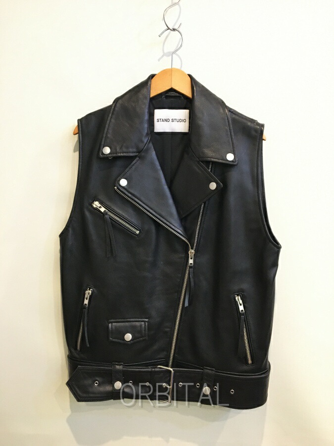 【中古】双生児玉) STAND STUDIO 照明ランプ制作室 BIKER VEST バイカーベスト 子ヒツジなめし革 ライダース より良い 黒いこと レディース 36