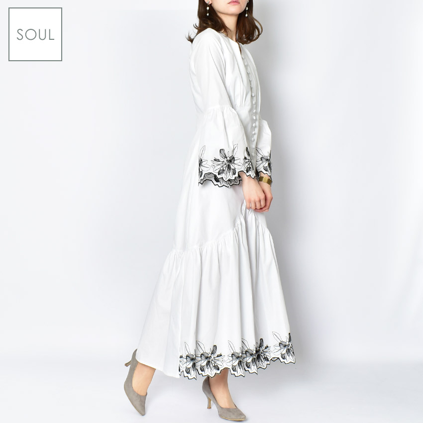 楽天市場 楽天市場 Sale 0円クーポン対象 ソウル ワンピース レディース Soul ドレス トップス シャツ ブラウス 長袖 ロングスリーブ カジュアル エレガント スタイリッシュ レトロ モダン フェミニン ガーリー おしゃれ かわいい 花柄 ホワイト 白 ブラック
