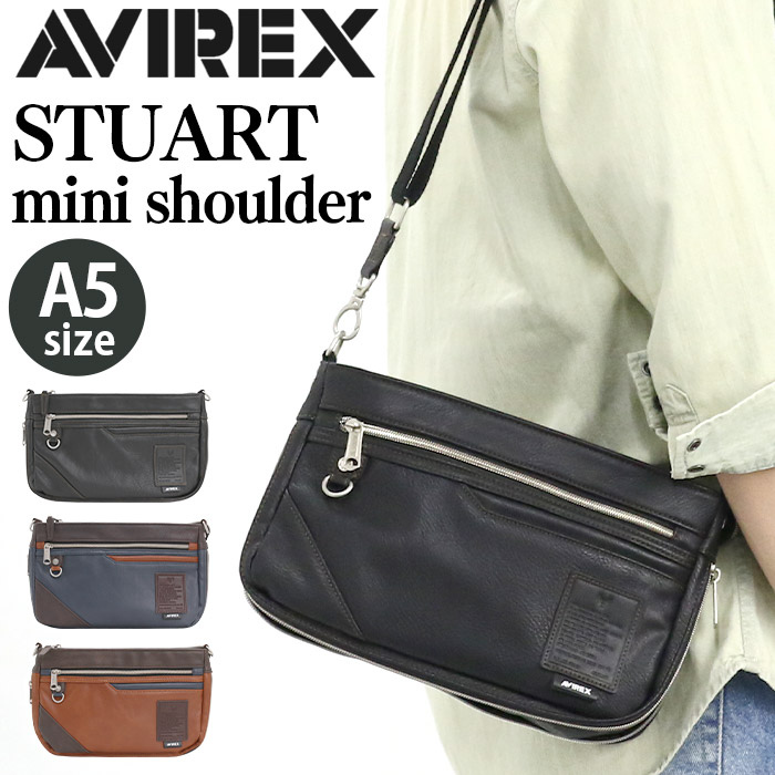 アビレックス メンズ ショルダーバッグ AVIREX ミニショルダー バッグ かばん 通学 通勤 おしゃれ 人気 2way 拡張 スリム ショルダー クラッチバッグ 斜めがけ 肩掛け ミリタリー 黒 ブラック A5 STUART AX5006