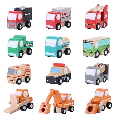 12PCS /セット 車おもちゃ 多車種 木製 玩具車 カラフル 6歳以上 ホイールが走れる 可愛いデザイン 耐衝撃 スムーズなエッジ処理画像