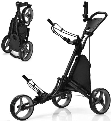 GYMAXゴルフカート手引き3輪折りたたみ収納コンパクト傘差しホルダー付きフットブレーキ付きゴルフバッグキャリーカートプッシュカートゴルフ体験の向上(グレー)