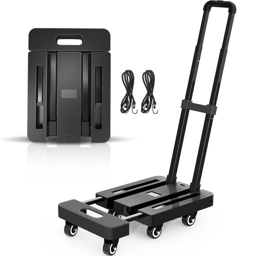 SPACEKEEPERキャリーカート折りたたみ台車耐荷重200KG軽量静音小型コンパクト手押し台車伸縮荷台固定ロープ付き運びに便利(延長型)ブラック[31.5cmx43.8-57.5cm]
