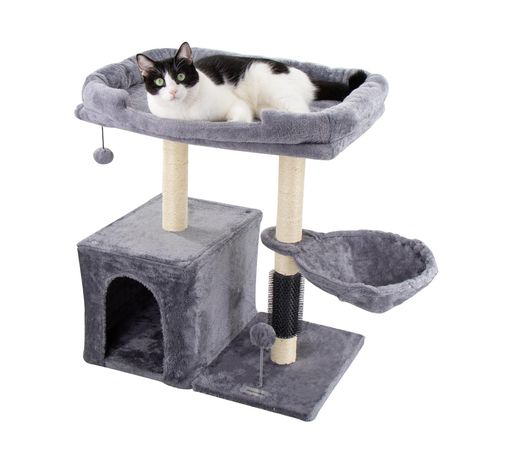 Hapineko(ハピネコ)キャットタワーミニ猫タワー小型低い小さめコンパクトセルフグルーマー爪とぎポール2点見おろし展望台隠し部屋付きハンモック高さ72CM(Lライトグレー)
