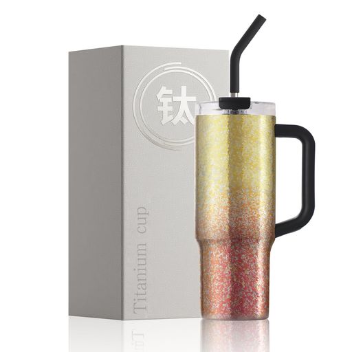 ZINGTTI34ozPureTitaniumTumblerwithHandle\u0026StrawCupHolderFriendlyVacuumInsulatedTravelMugDual-DrinkLid