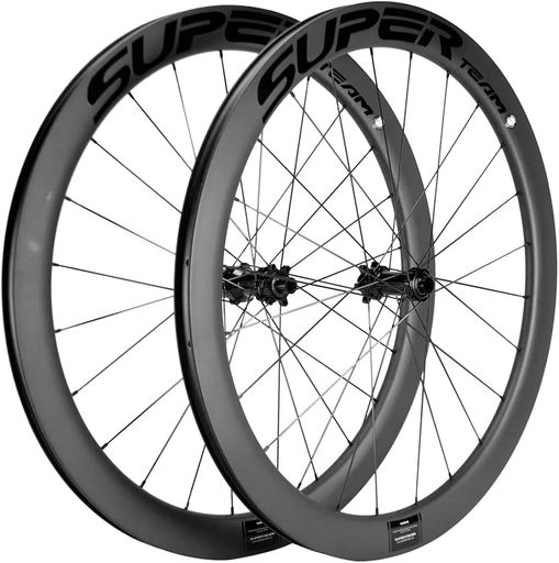 SUPERTEAMカーボンクリンチャーホイール700C ディスクブレーキバイクホイールセット50C-25 (晴れ晴れしい黒 2, Center Lock Thru Axle 12*100-12*142)