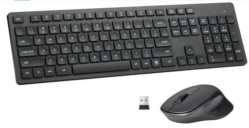 HUOJIワイヤレスキーボードマウスセット静音メンブレンフルキーボード英語配列無線マウス2.4GHz遅延ゼロ高耐久耐水電池長持ちレシーバー付属Windows/Mac/PS5対応(ブラック)