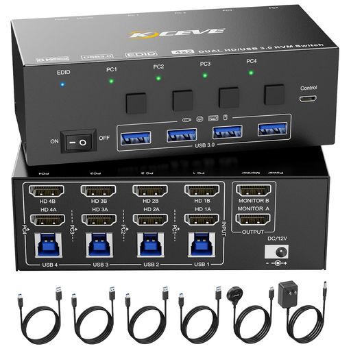 KCEVE HDMI 2.1 KVMスイッチ PC切替器 4入力2出力 EDID機能 8K@60Hz/4K@144Hz 4PC KVM切替器 USB3.0 キーボード、マウス、モニターを4PCで共有 手元スイッチ付き｜vicsystore
