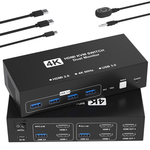 KVMスイッチHDMI2入力2出力4K@60HzHDMIKVM切替器パソコン2台モニター2台切り替え4つのUSB3.0ポートキーボード/マウス/プリンター/他のデバイス対応ディスプレイ切替器PC切替機USB切替機HDMI