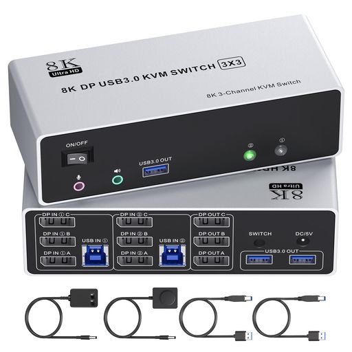 DisplayportKVM切替器2入力3出力、8K@60Hz/4K@120Hz、ミラー/拡張モード3つのUSB3.0ポート、KVMスイッチPC2台、モニター3台共有、キーボードマウスを2PCで共有、ハンドヘルドスイッチとUSB
