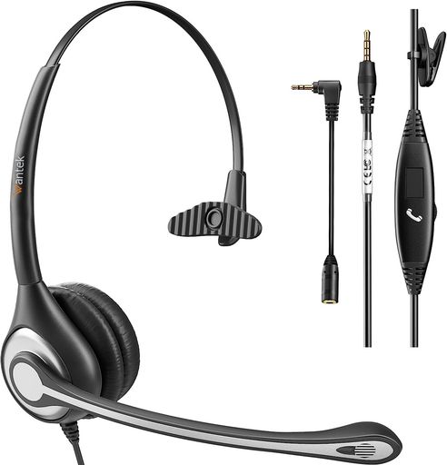 Wantekヘッドセット有線3.5mm4極ミニプラグ片耳ノイズキャンセリングマイク付きWindows、Mac、Android、iPhone、iPadに対応Skype、Web会議用、在宅勤務、ビジネス、ビデオ会議、コールセンターに適用