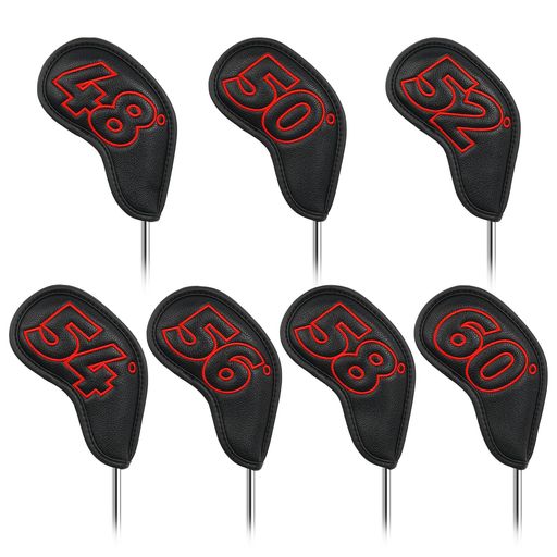 ゴルフウェッジカバーマグネットクラブヘッドカバーセット7pcs(48505254565860)ブラック合成皮革赤い番号