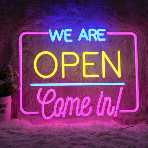 WeAreOpenComeInネオンサイン調光可能オープンネオン壁装飾16.9*13インチ発光ネオンライトUSB給電商業店オープンネオン看板ホテルレストランバー装飾灯(ピンクイエローブルー)