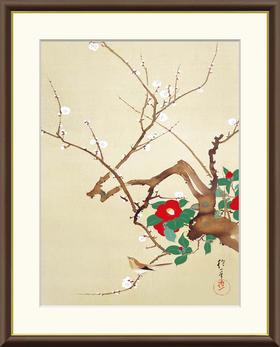 絵画 アート フレーム 酒井抱一 梅椿に鶯図 送料無料 J2-085 F8 F6 F4 名画 複製 額 美術印刷 10年間品質保証 高精細 高品質