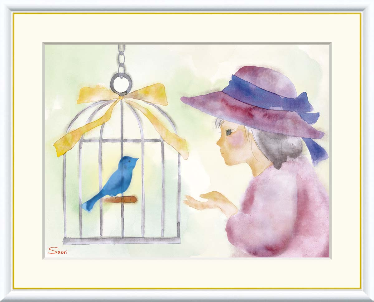 絵画 アート フレーム 榎本早織 少女と青い鳥 送料無料 J3-Q001 F8 F6 F4 名画 複製 額 美術印刷 10年間品質保証 高精細 高品質