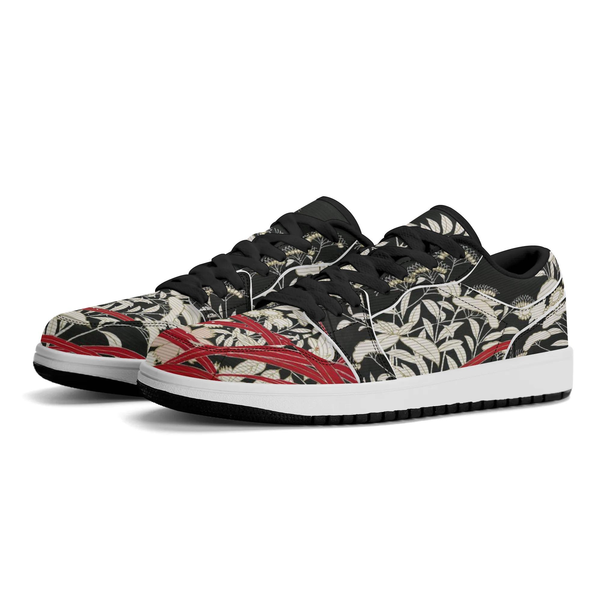 秋草の黒留袖(メンズローカットレザースニーカー) メンズローカットレザースニーカー メンズ シューズ 総べて ボタニカル 総柄 和 盛りだくさん 和柄 botanical 草 お召しもの 着物 留め袖 KIMONO Hiibuni