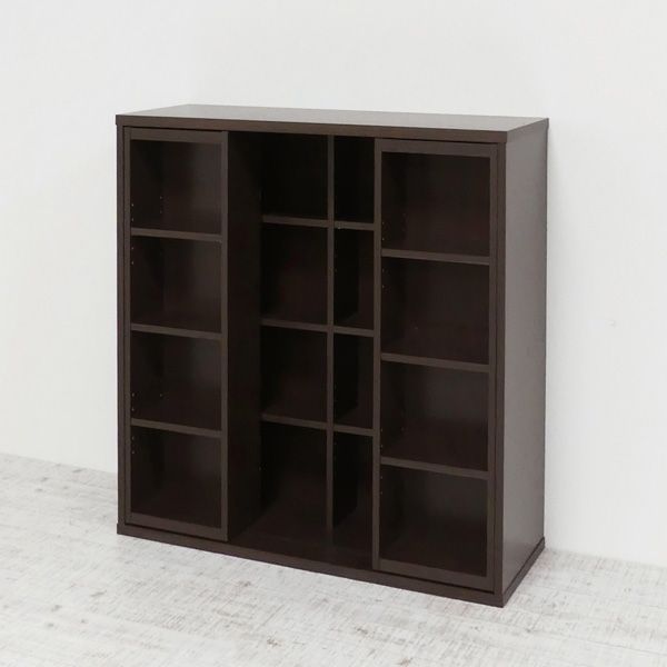 深型スライドシェルフ(CDラック/本棚) ダークブラウン 約幅90cm 前面スライド式 連結金具付き 【組立】