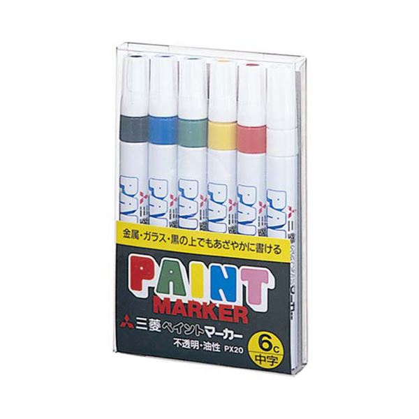 (まとめ) 三菱鉛筆 油性ペイントマーカー 中字丸芯 6色(各色1本) PX206C 1パック 【×10セット】