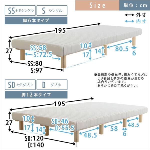 脚付き マットレスベッド セミダブル ホワイト 約幅120cm ウレタン