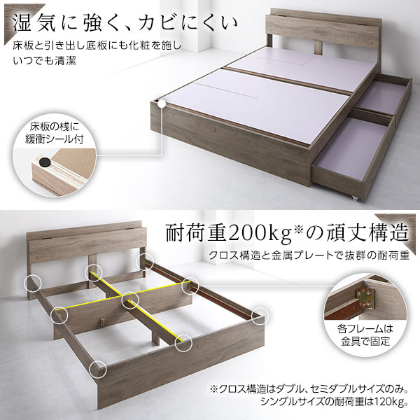 ベッド収納付き引き出し付き棚付き宮付きコンセント付きシンプルモダングレージュシングルポケットコイルマットレス付き
