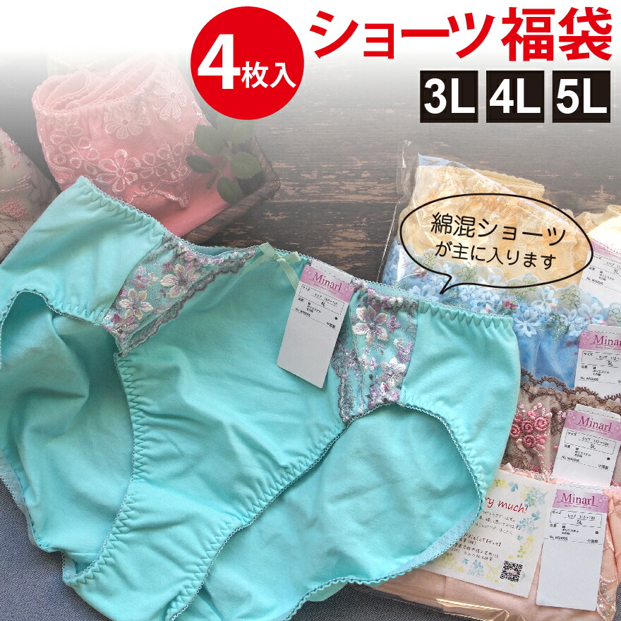 楽天市場 お買い得 ショーツ福袋 4枚セット 3l 5lサイズ レディースショーツ ショーツ 3l 5l 綿混 福袋 スタンダードショーツ レディース レディースショーツセット 女性 レース 可愛い 刺繍 スダンダード パステル 大きいサイズ ポイント消化 ハッピーバッグ 送料