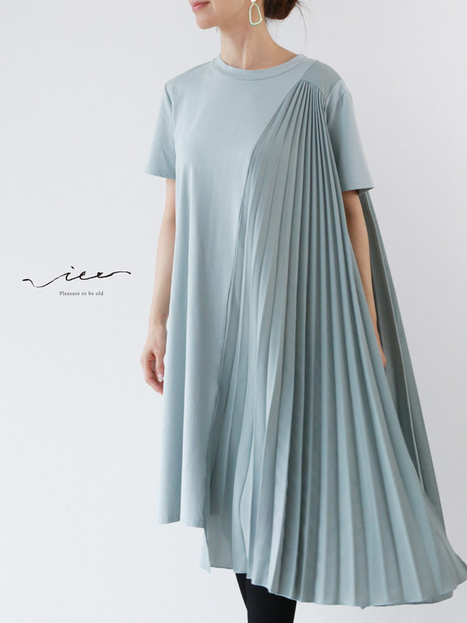 レディースファッション ワンピース 男の子向けプレゼント集結 チュニック丈 夏 大人 シンプル きれいめ ヴィオ Vieo レディース ゆったり 再入荷 8月6日時より ブルーグレー Vieo プリーツ流れるワンピースチュニックワンピース