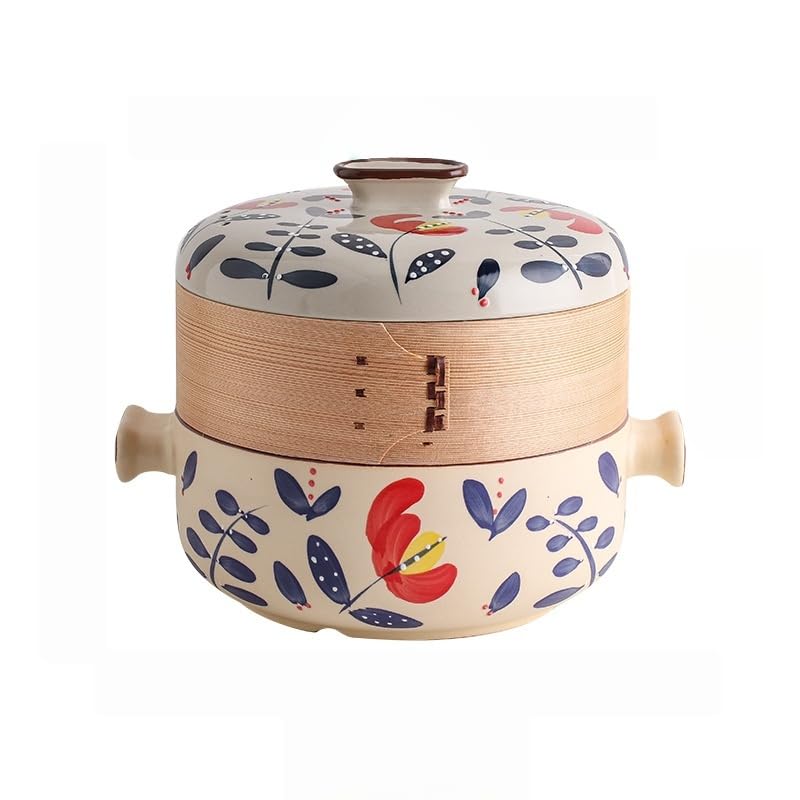日式 蒸し鍋 土鍋 セラミック製 蒸し器付き マルチ層 竹製蒸し? スープ鍋 煮込み鍋 蒸し料理兼用 大小サイズ 家庭用 ホテル用 多用途調