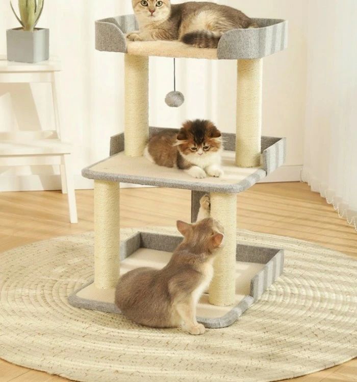 木製 キャットタワー 階段式 省スペース 据え置き 猫タワー キャットベッド 猫 猫用品 爪とぎ 多頭飼い 落下防止柵 頑丈 全面麻紐 低い段差と登りやすい、シニア猫、子猫、インテリア 遊び道具 室内 ペット用 高さ70cm