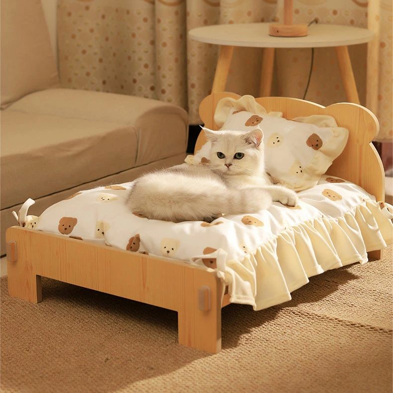 猫ベッド ペットベッド 木製 洗える クッション付き 猫用 犬用 ベッド 低架式 取り付け簡単 春夏秋冬 イヌ ネコ 寝床 ペット 滑り止め 通気性 省スペース