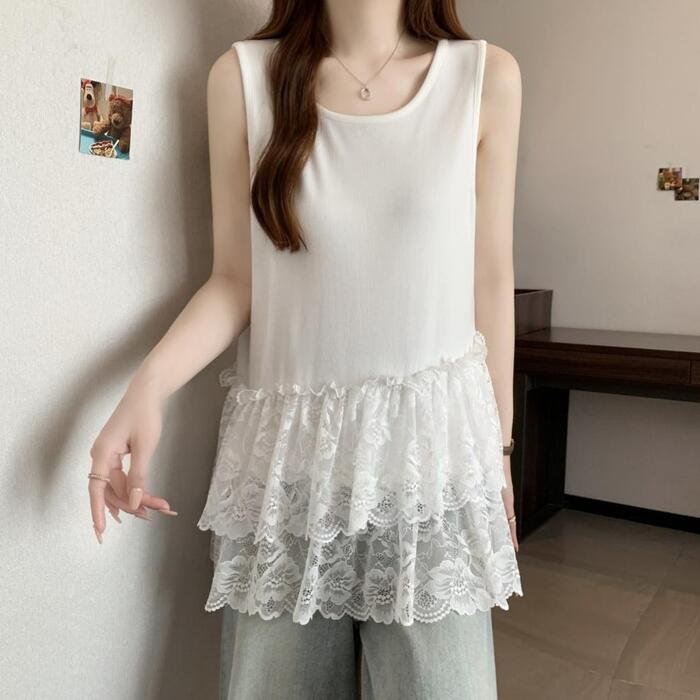 トップス タンクトップ Tシャツ レディース カットソー レース ノースリーブ エレガント 大人 可愛い クルーネック きれいめ カジュアル 4,737円