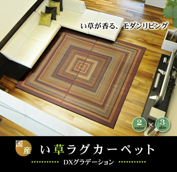最大100%ポイントバック 純国産 袋三重織 い草ラグカーペット ＤＸグラデーション ブラウン 約191×191cm 裏:不織布 カーペット い草ラグ い草 裏貼 イケヒコ 1050090063604 送料無料 +25